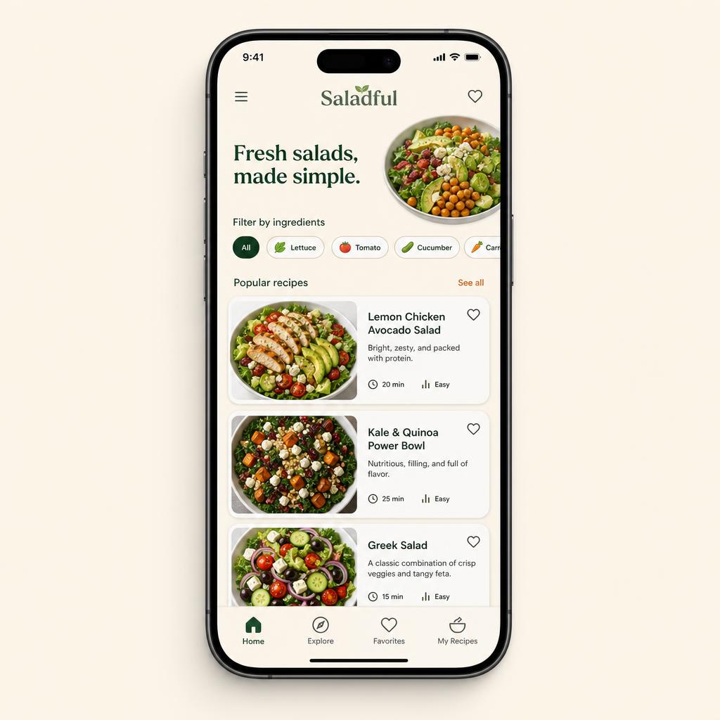 De salade-app op de telefoon met filters op ingrediënt